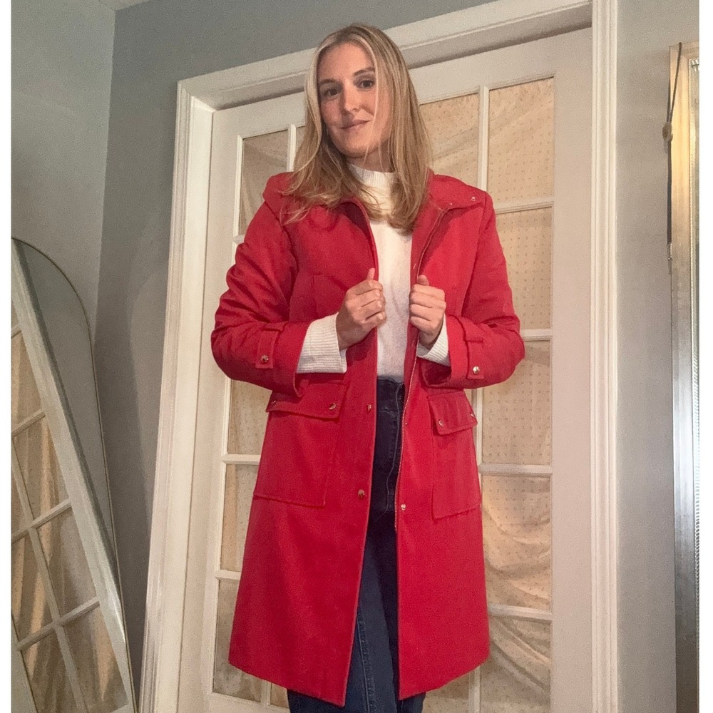 Michael Kors Womens Red Longline Trench Coat Jacket Silver Hardware Size M